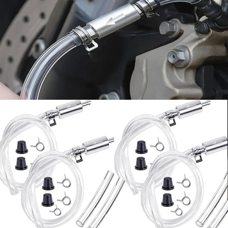 A set of clear silicone brake fluid bleeder hoses and fittings for automotive use.