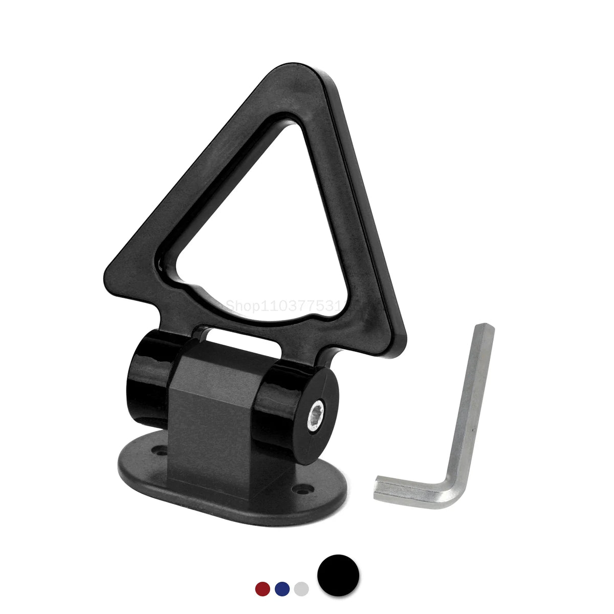 Black decorative racing tow hook sticker for car bumpers with a metal mounting plate.