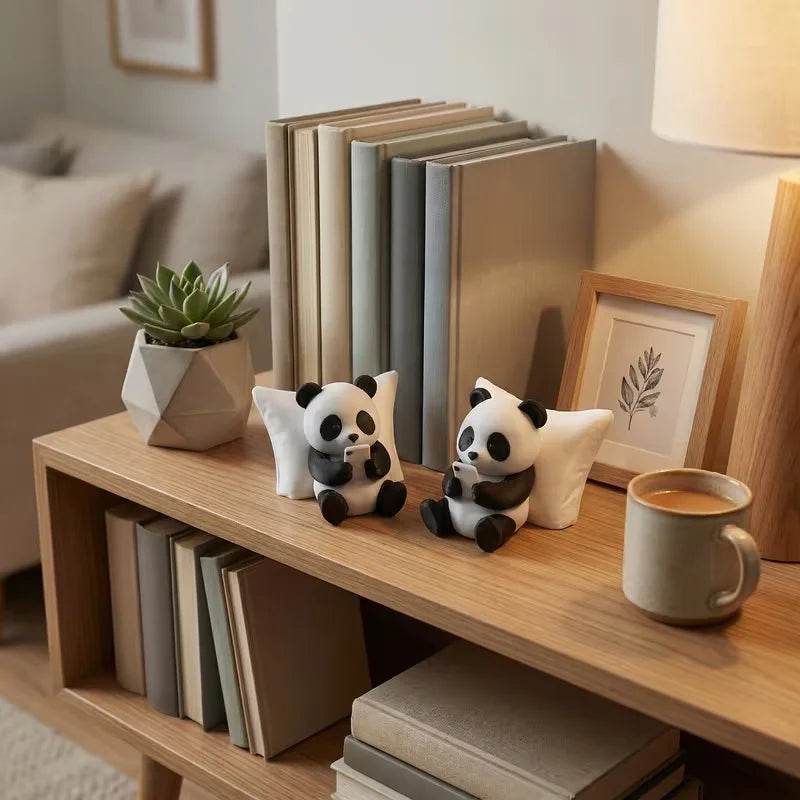 A cute panda sculpture desk ornament sits among stacked books and a cup on a wooden shelf.