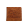 A brown leather document holder with a line drawing of a car and the text Registration & Insurance.