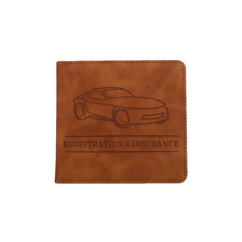 A brown leather document holder with a line drawing of a car and the text Registration & Insurance.