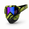 A tactical full face motorcycle goggle with a black frame and neon yellow camouflage pattern and iridescent lenses.