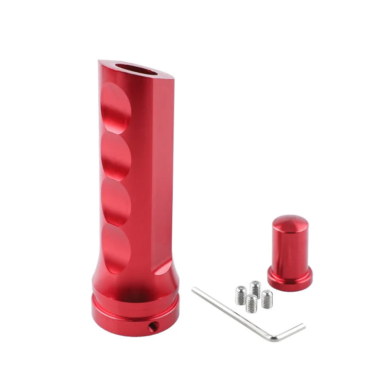 A red aluminum handbrake cover for manual transmission with mounting bolts and a long metal rod.