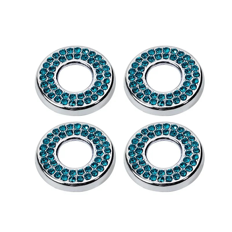 Four silver door lock decorations featuring round rings encrusted with blue rhinestones