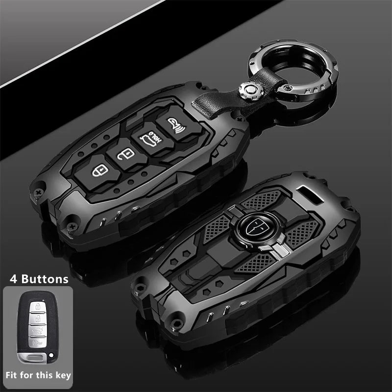 A black universal car key fob cover with a metal ring, shown in a close-up view.