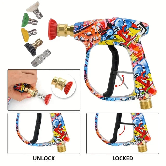 A high-pressure foam water gun kit showing the disassembled components and both unlocked and locked states.