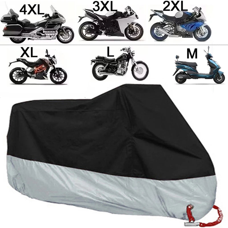 A collection of motorcycle covers in various sizes (XL to 4XL) and a large black and gray waterproof cover.