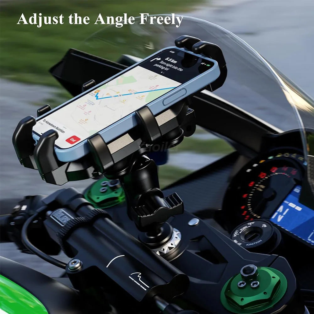 A heavy-duty motorcycle phone mount is shown adjusting the angle of a smartphone attached to the fork stem.