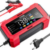 A red intelligent pulse repair battery charger device with a power cord and plug shown in various angles.