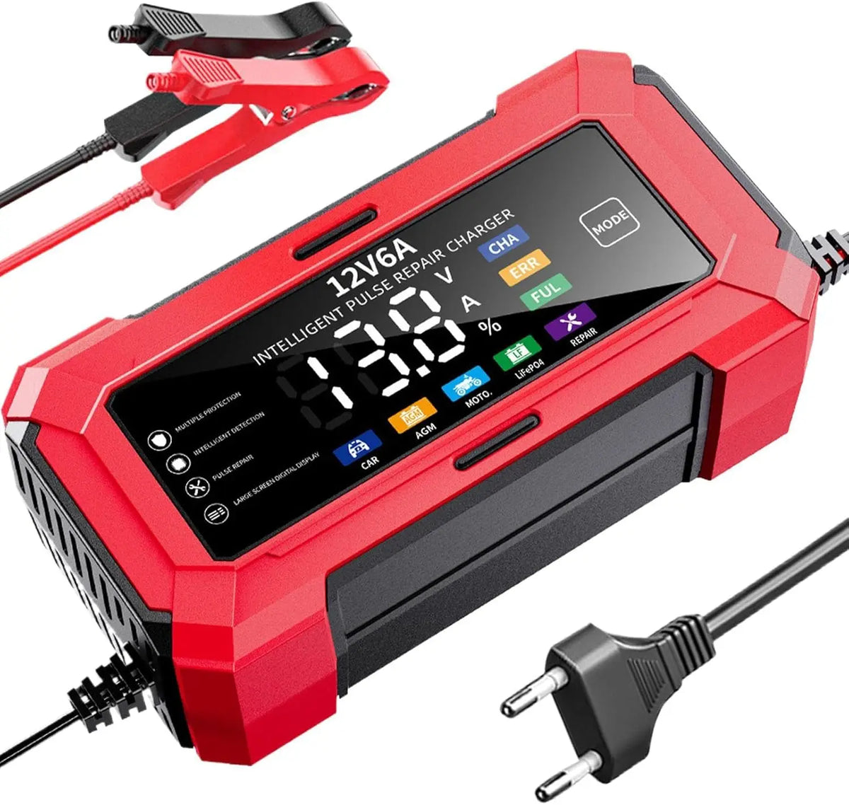 A red intelligent pulse repair battery charger device with a power cord and plug shown in various angles.