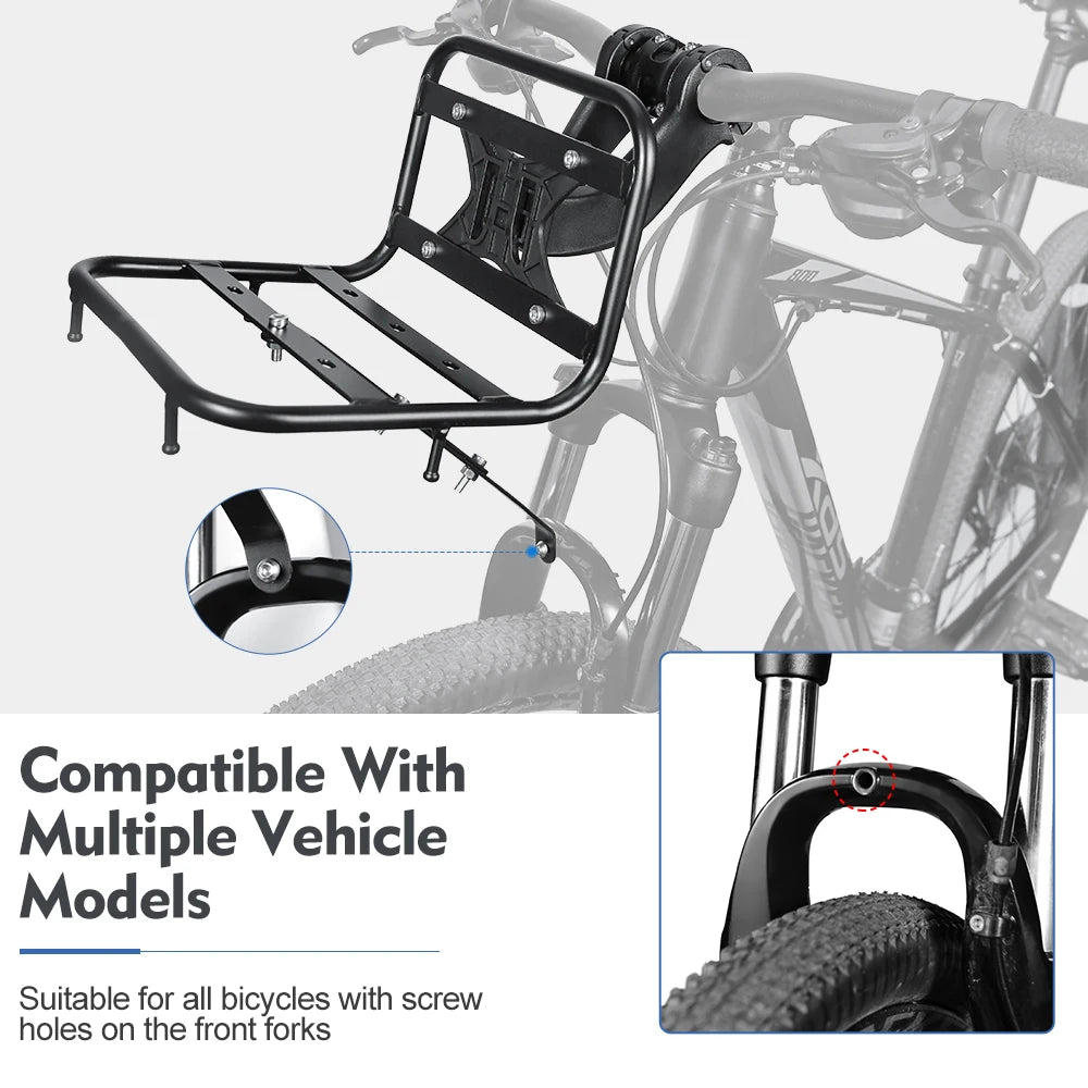 Black durable iron front rack designed to fit multiple bicycle models with screw holes on the front forks.