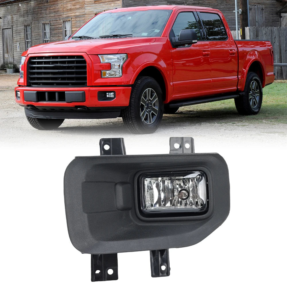 Nahaufnahme eines schwarzen Aftermarket-Nebelscheinwerfer-Sets für einen Ford F-150 LKW.