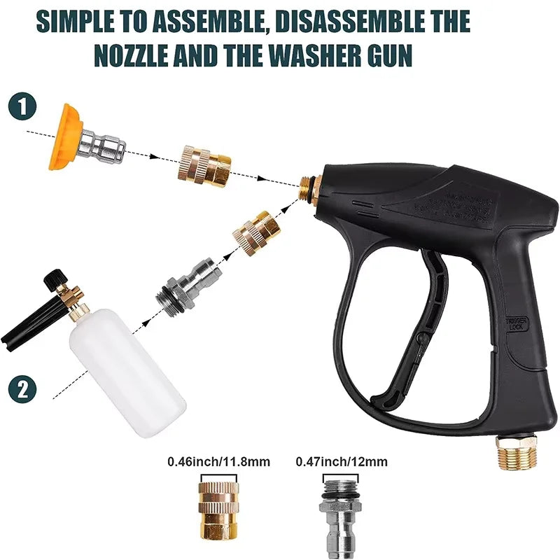 Diagram showing how to assemble and disassemble the nozzle and washer gun components of a foam pressure washer kit