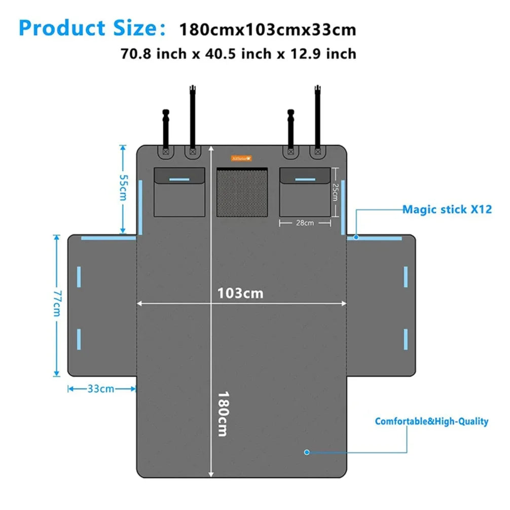 A flat, gray pet trunk liner product with multiple magic sticks and dimensions labeled.