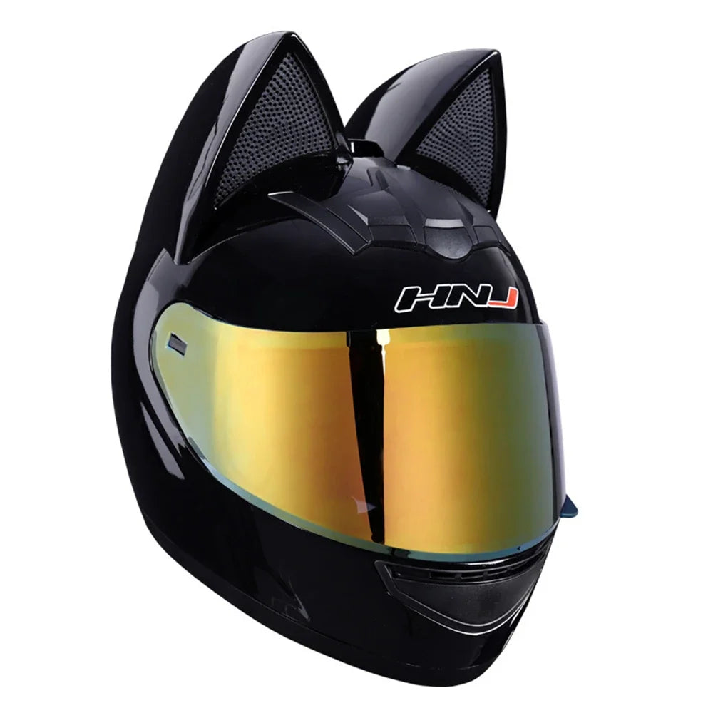 Black cat-ear full face motorcycle helmet with a gold visor