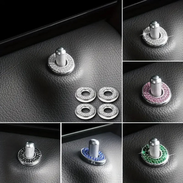 A set of elegant car door lock pin trim featuring silver and rose gold finishes on a black leather surface.