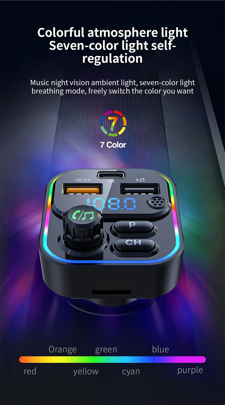 A portable light device with a digital display and controls, showing a spectrum of colors from orange to purple.