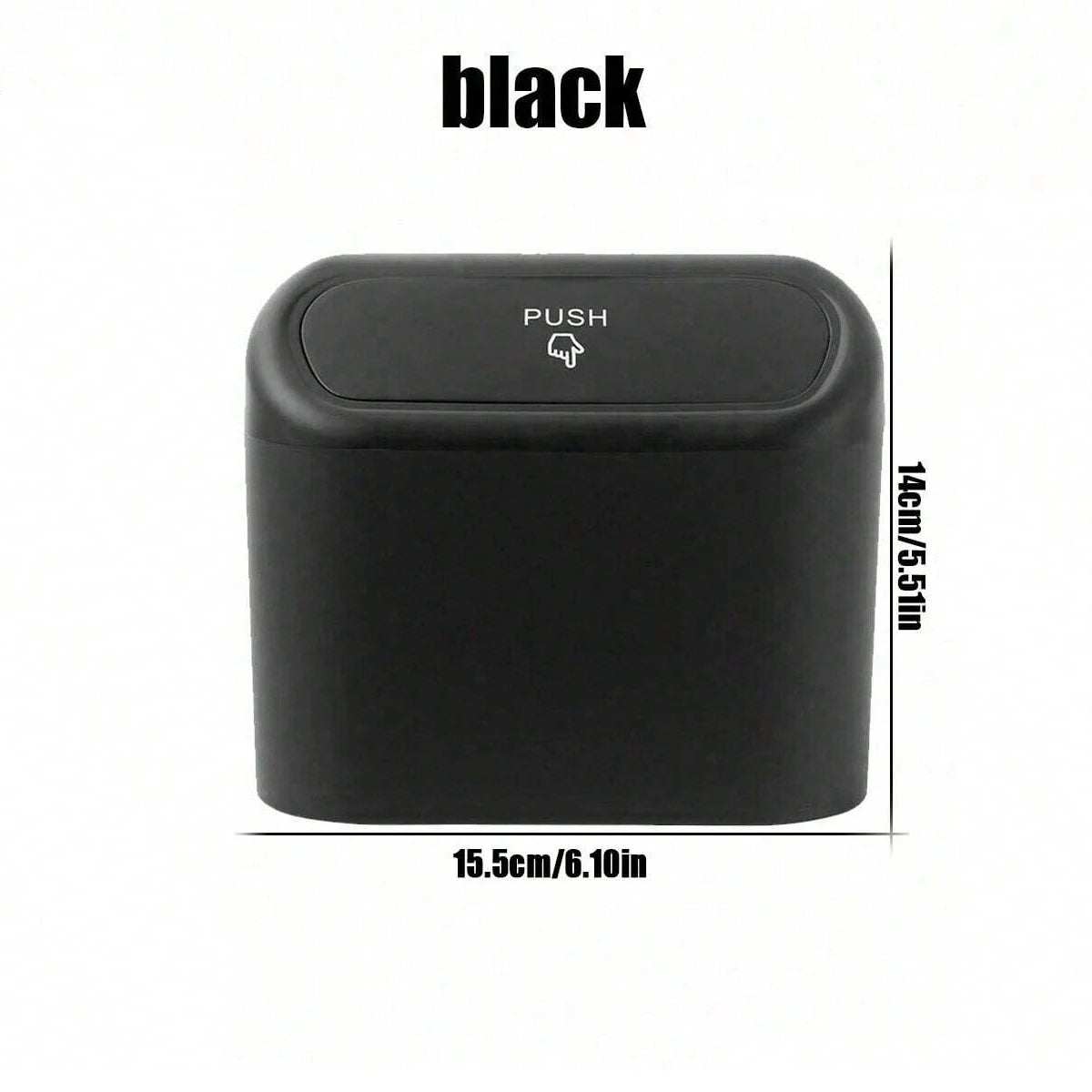 A black portable car trash can with a push button for the hanging lid, shown from the top.