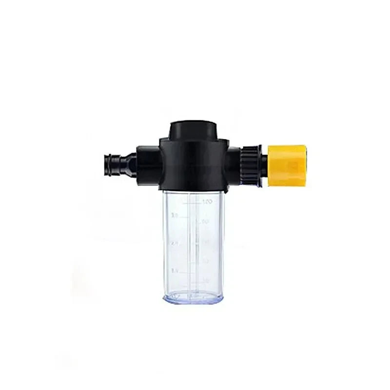 Black high-pressure adjustable water gun with a clear measuring cylinder and yellow nozzle.