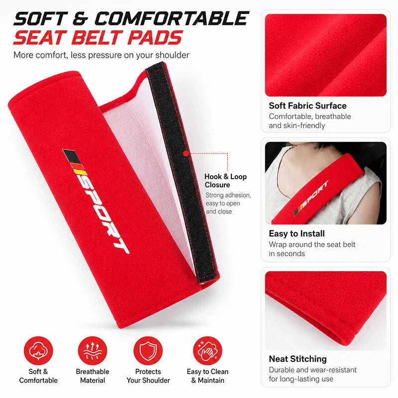Red soft fabric seat belt pads designed for comfort and support on the shoulder