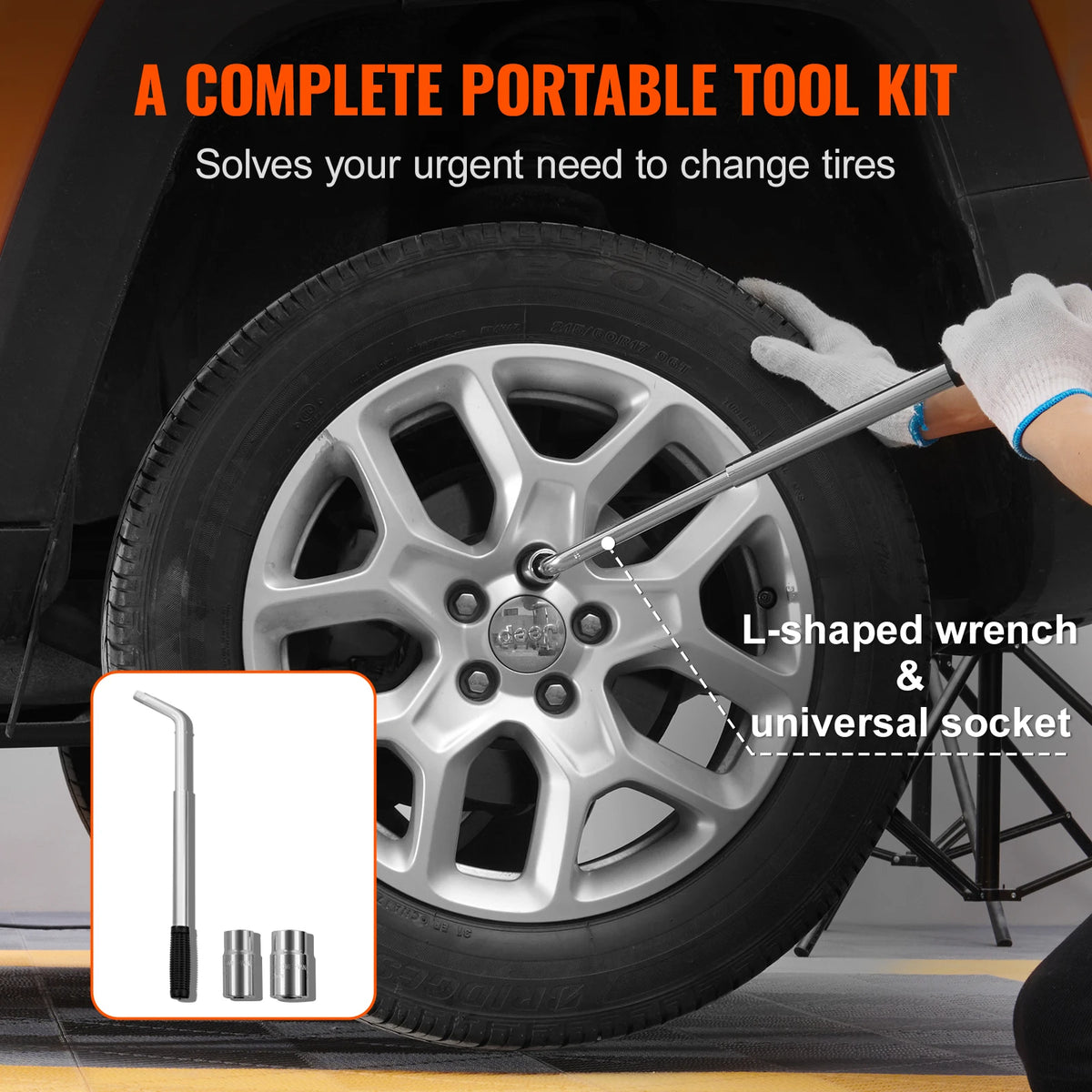Un kit d'outils portable avec une clé en L et une douille universelle changeant un pneu de voiture.