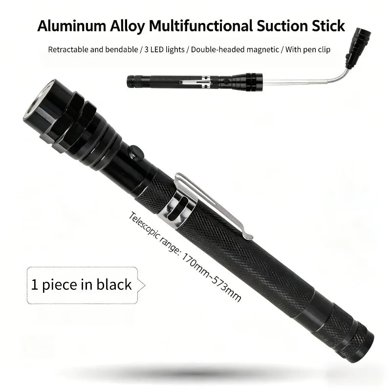 Black aluminum alloy multifunctional suction stick with a telescopic handle and magnetic tip