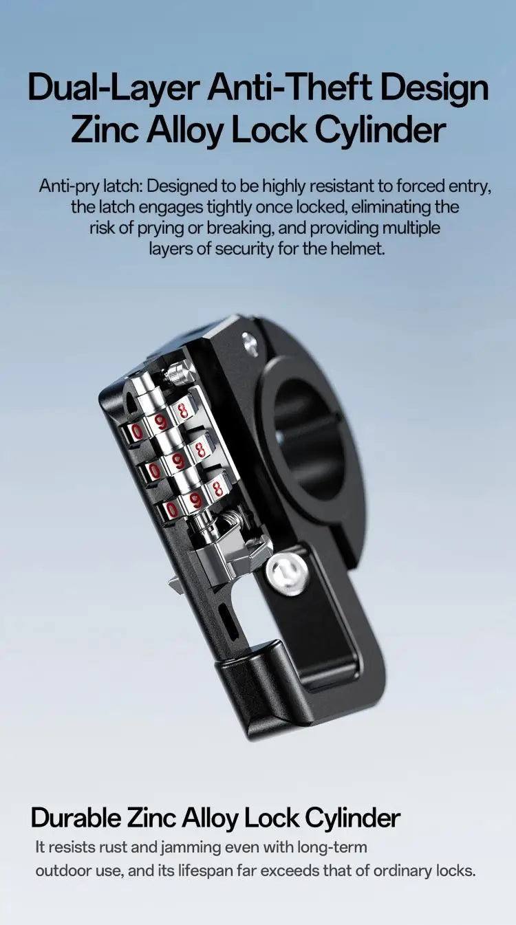 A close-up view of a dual-layer anti-theft zinc alloy lock cylinder for motorcycle helmets.