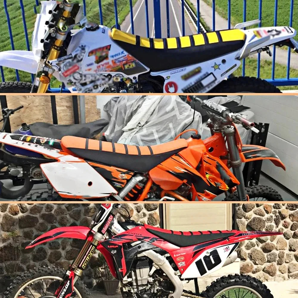 A collection of motorcycle seat covers and grippers, including a white and black cover, an orange cover, and a red cover.
