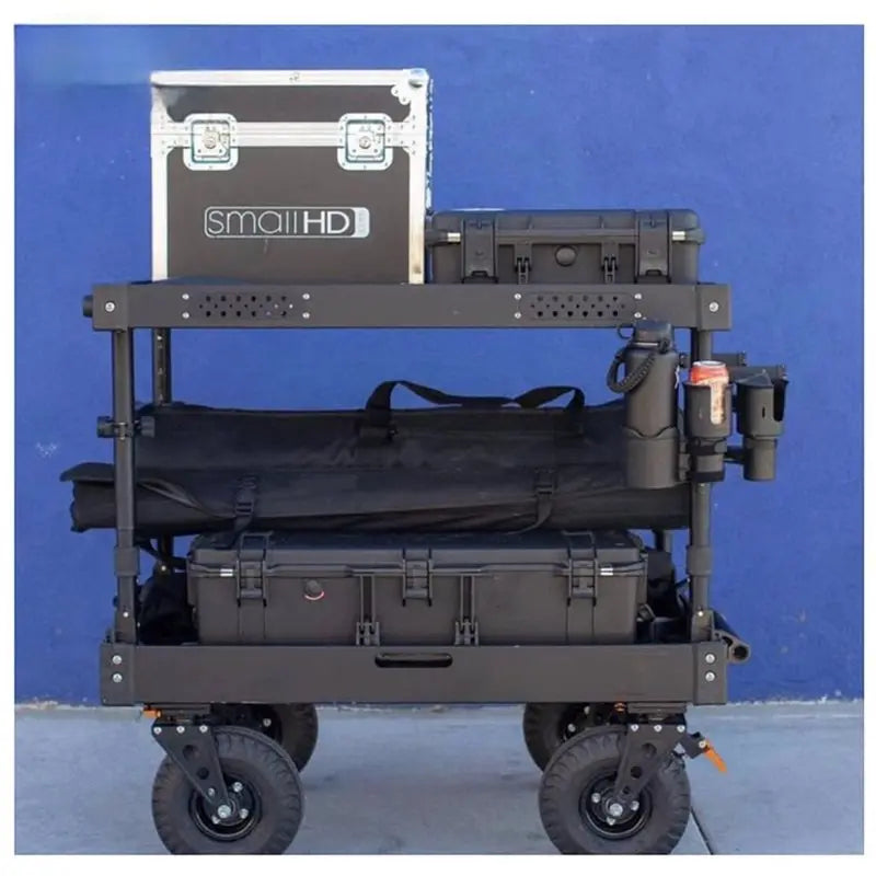 A portable, multi-tiered drink holder designed for photography and field work, featuring a storage box and a large container.