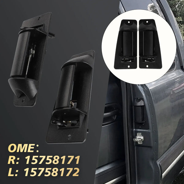 Black exterior door handles for Chevrolet or GMC Silverado, shown in detail and installed on a vehicle door.
