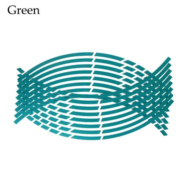 A pattern of teal reflective wheel rim strips designed for motorcycles and cars.