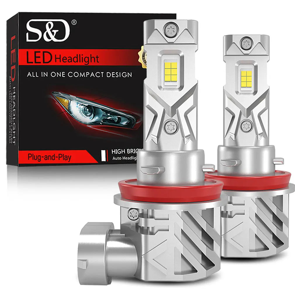A package and two silver LED headlight bulbs are shown, highlighting a plug-and-play design.