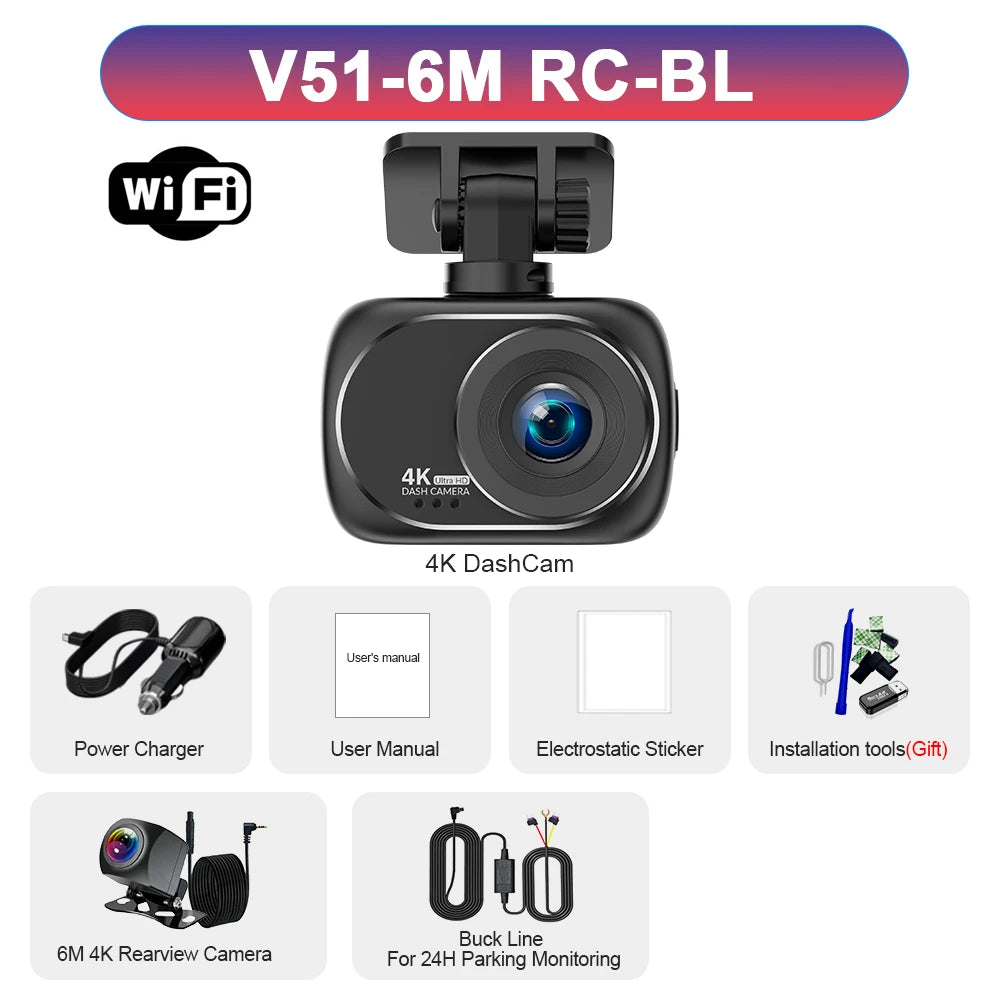 A black 4K DashCam camera with a lens and mounting bracket is shown alongside accessories like a power charger, manual, and i