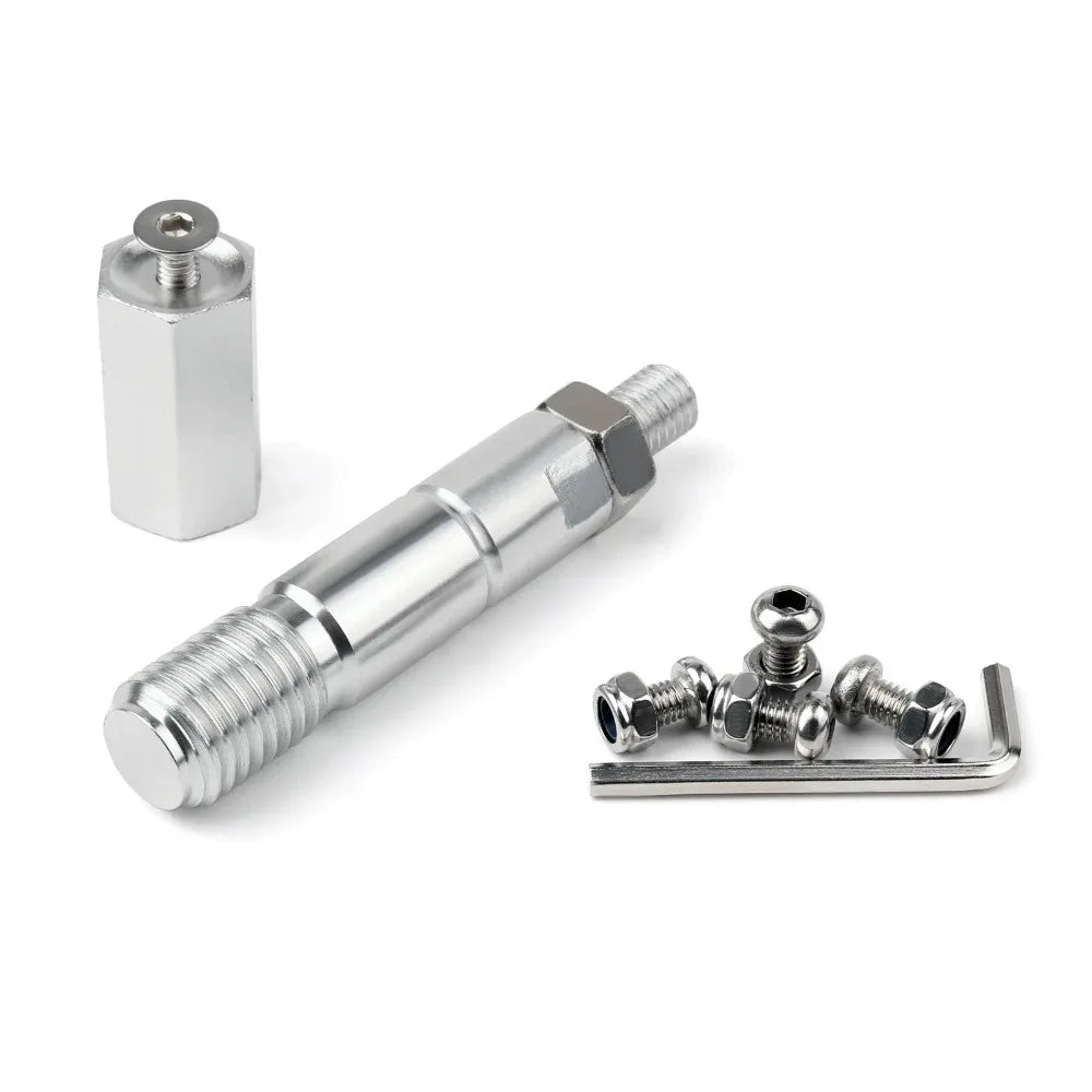 A silver no-drill front tow hook license plate mount for a BMW vehicle.
