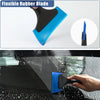 A hand uses a flexible rubber blade tool to apply window film onto a car surface.