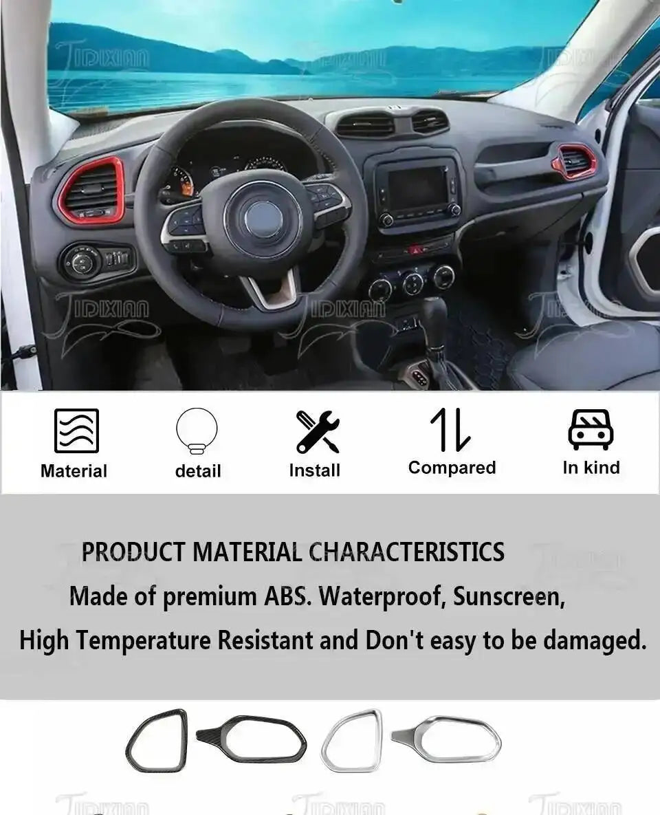 Close-up view of a Jeep Renegade dashboard with aftermarket air vent covers installed on the vents.