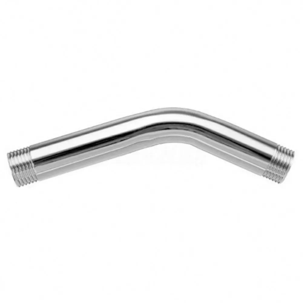 A polished stainless steel shower arm extension with a curved design.