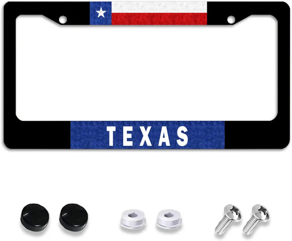 A black license plate frame with a white interior and blue text reading TEXAS.