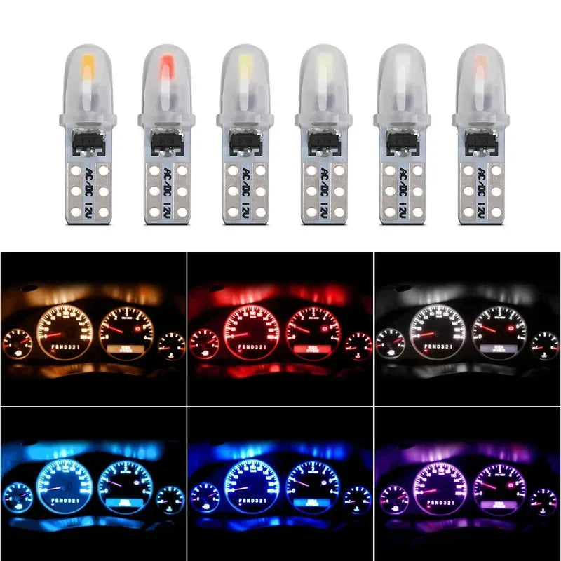 A set of T5 LED dashboard and license plate bulbs, showing various light patterns and illumination effects.