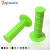 Bright green gel rubber handlebar grips for dirt bikes shown with various color options.