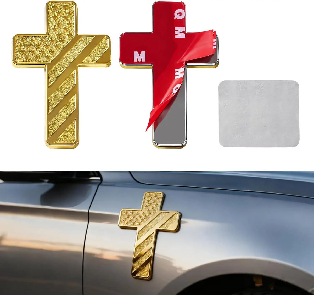 Drei Relief-amerikanische Kreuzaufkleber in Gold, Rot und Silber montiert auf einer Autoschale.
