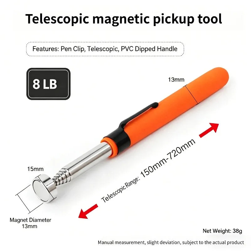 An orange telescopic magnetic pickup tool with a silver shaft and 8 lb capacity is shown.