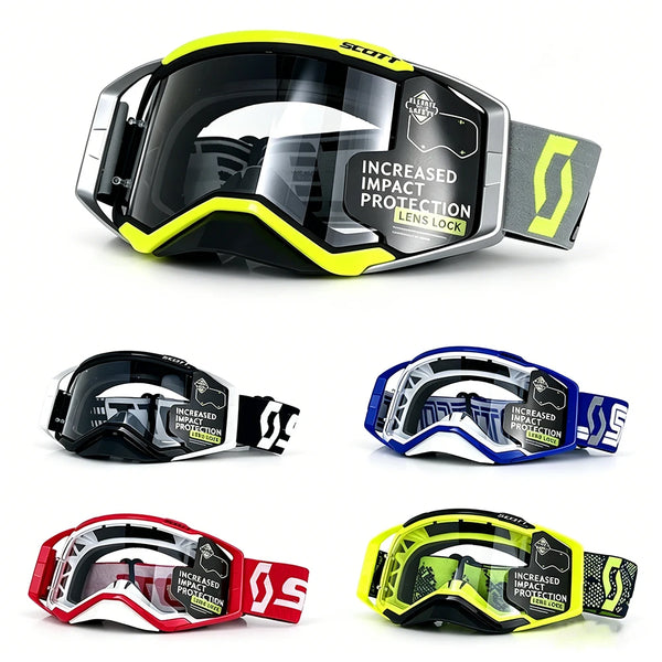 A collection of four sports goggles in black, blue, red, and yellow frames with various lens tints and protective features.