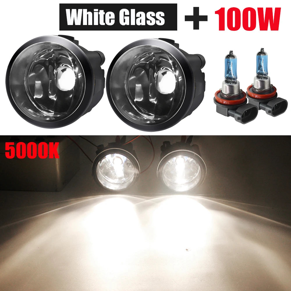 White glass 100W halogen fog light kit with blue bulbs and a bright beam demonstration.