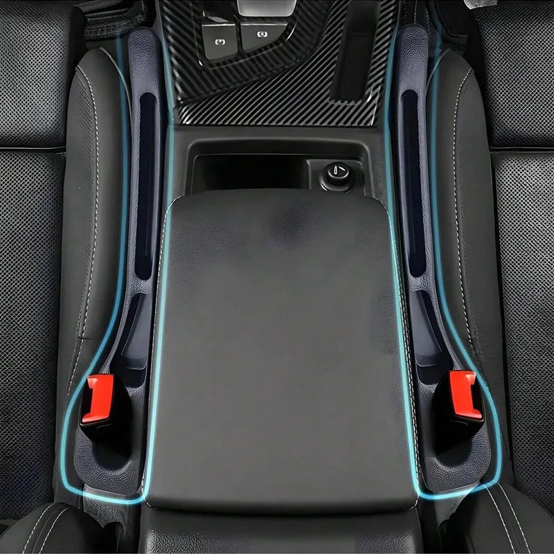 A close-up view of a black car seat with blue stitching and an orange gap filler organizer.
