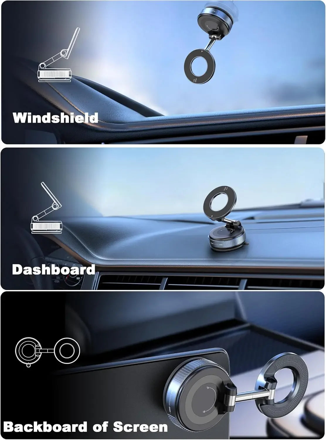 Three views of a 360° rotating magnetic phone holder used on a car windshield, dashboard, and a screen backboard.