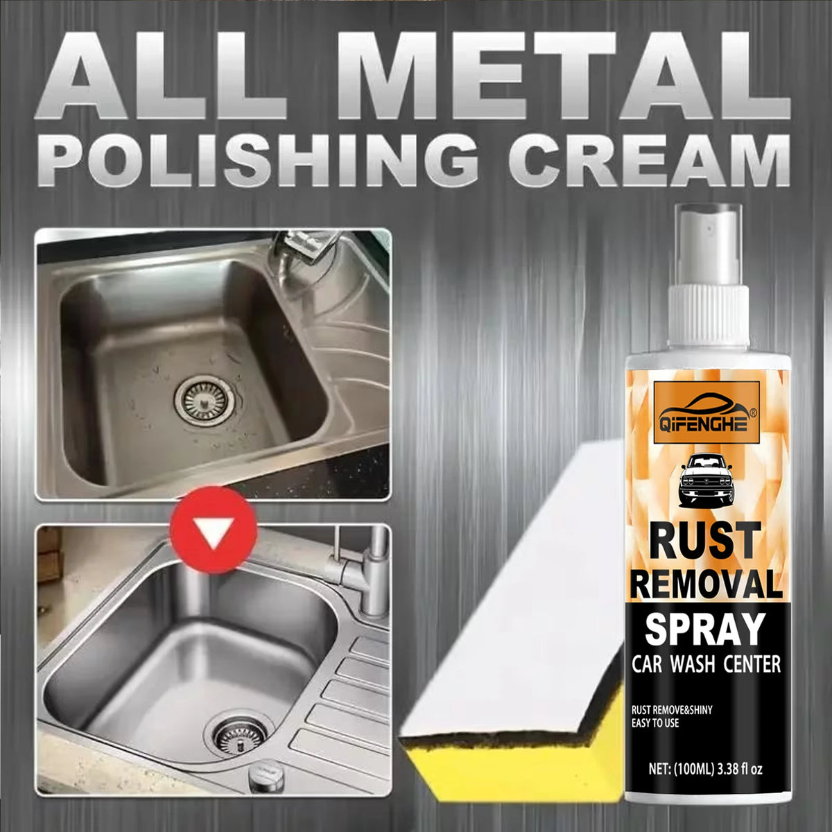 A bottle of All Metal Polishing Cream and a white sponge are shown for rust removal on car wash centers.