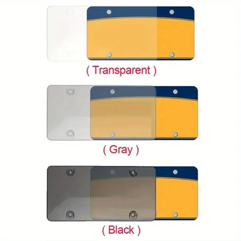 Trois versions d'un cadre protecteur de plaque d'immatriculation universel en transparent, gris et noir.