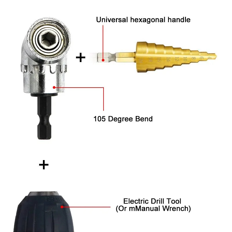 An electric drill tool attachment featuring a universal hexagonal handle and a 105-degree bend for drilling.