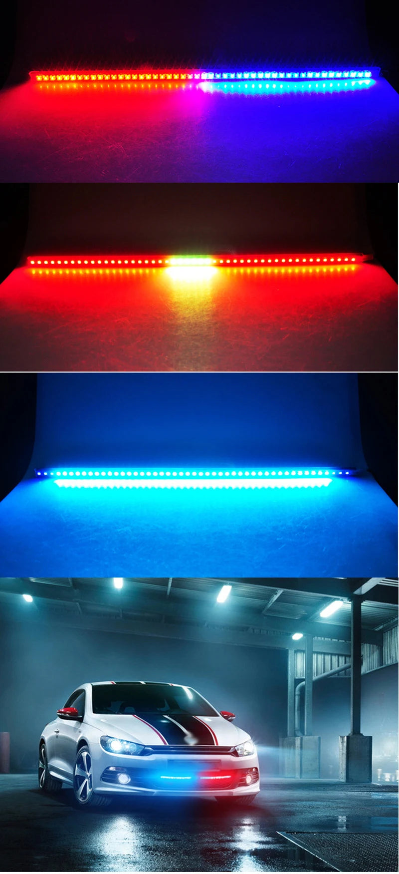 Nahaufnahmen einer RGB-Stroboslichtleiste, die ein Fahrzeug beleuchtet und verschiedene Farben und Intensitätseffekte zeigt.